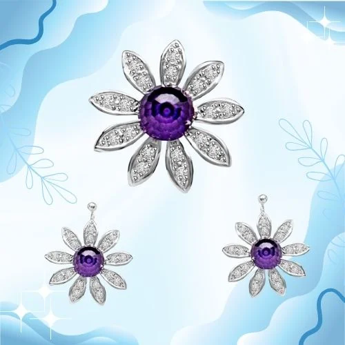 Flowery Desire 0.48cts Amethyst & Diamond Star Shaped Earrings & pendant set For Your Beautiful Lady