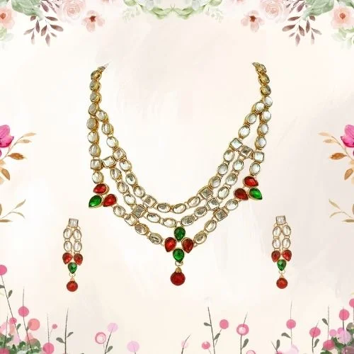 Traditional Red Green White Polki Necklace with Earrings (PS133)