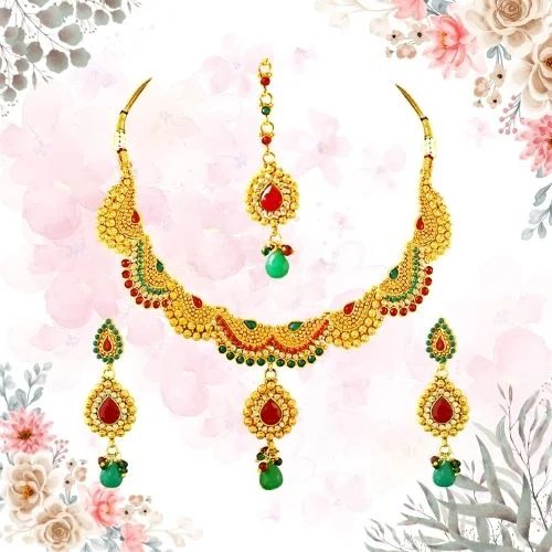 Curved Red, Green & White Stone & Gold Plated Necklace Earring & Tikka Ethnic Fashion Jewellery Set (PS264)