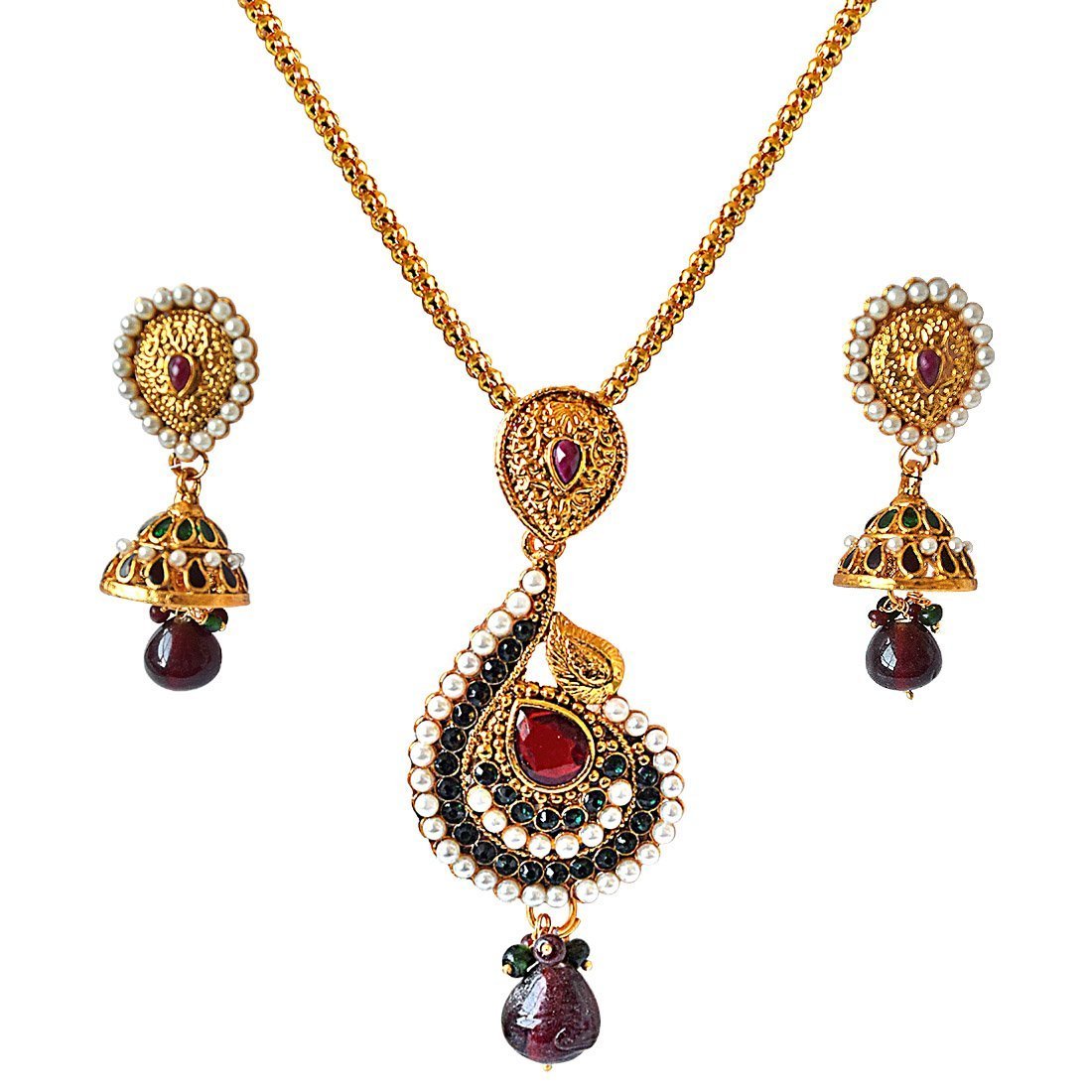 Traditional Drop Shaped Red, Green & White Shell Pearl & Gold Plated Pendant Necklace & Earring Set (PS324)