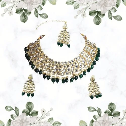 White aA Dazzling Blend of White & Green: Fashion Jewellery Set to Elevate Your Look& Green Stone Gold Plated Fashion Jewellery Set (PS599)