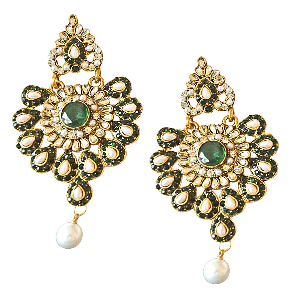 Floral Designed Green & White Stones, Shell Pearl & Gold Plated Chand Bali Earrings (PSE19)