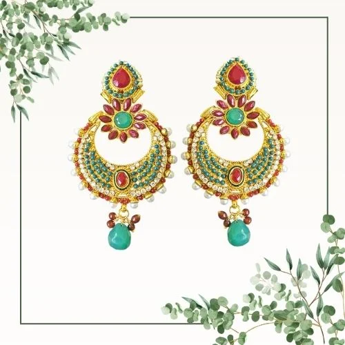 Floral Shaped Red & Green Stone & White Shell Pearl Copper Gold Plated Chand Bali Earrings (PSE29)