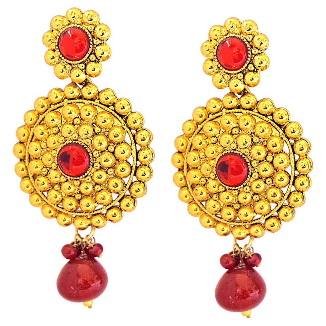 Traditional Rajasthani Style Red Coloured Stone & Gold Plated Round Shaped Chandbali Earrings (PSE53)