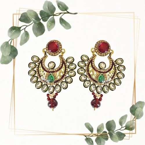 Ethnic Polki, Red & Green Stone & Gold Plated Dangling Earrings (PSE56)
