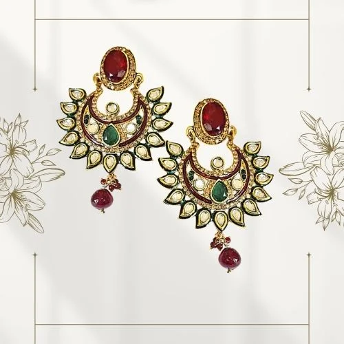 Traditional Polki, Red & Green Stone & Gold Plated Indian Motif Hanging Earrings (PSE57)
