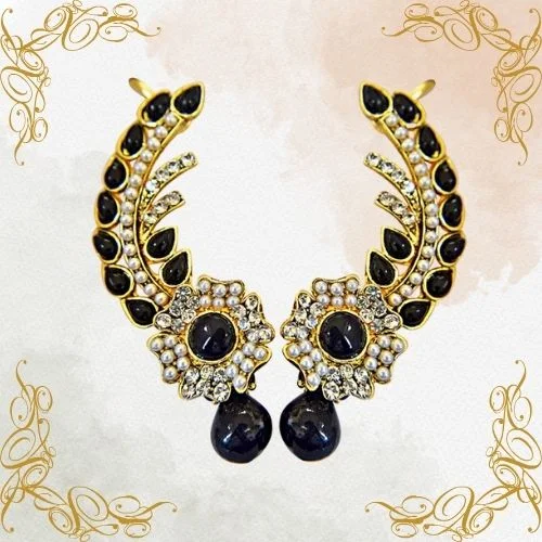 Midnight Blossom - Floral Black-White Stone Faux Pearl Ear Cuffs (PSE76)