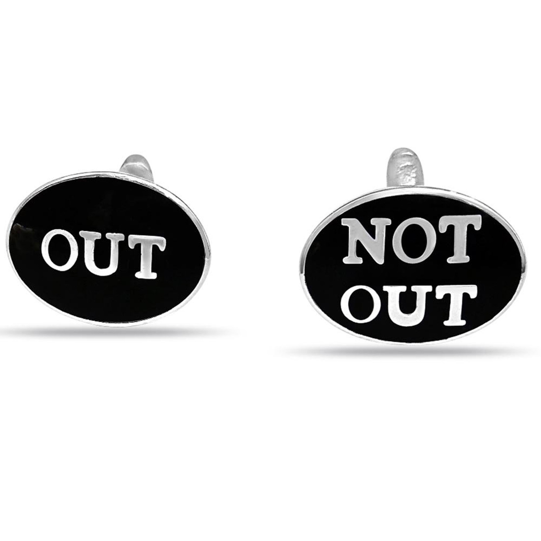 Out : Not Out Black Enamelled Cricket Cufflinks in Sterling Silver for Men (SDS143)