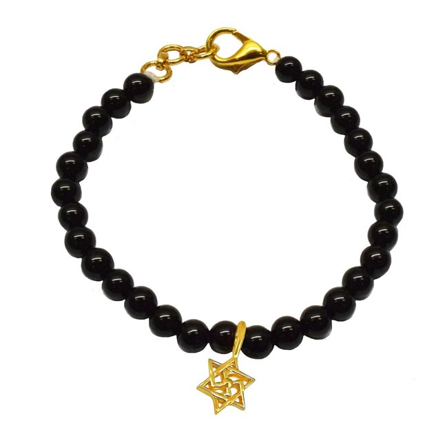 Black Onyx Beads Single Line Bracelet with Sterling Silver Swastik (SB70)