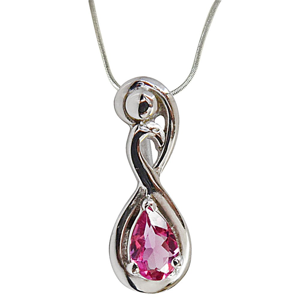 Trendy Curved Pear Pink Tourmaline & 925 Sterling Silver Pendant with 18 IN Chain (SDP491)