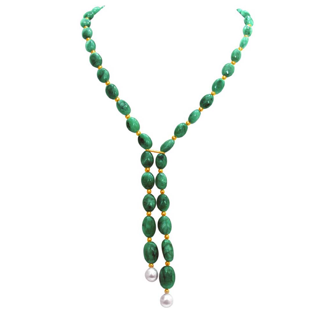 Emerald Beauty - Single Line Real Green Oval Emerald, Freshwater Pearl & Gold Plated Beads Necklace for Women (SN261)