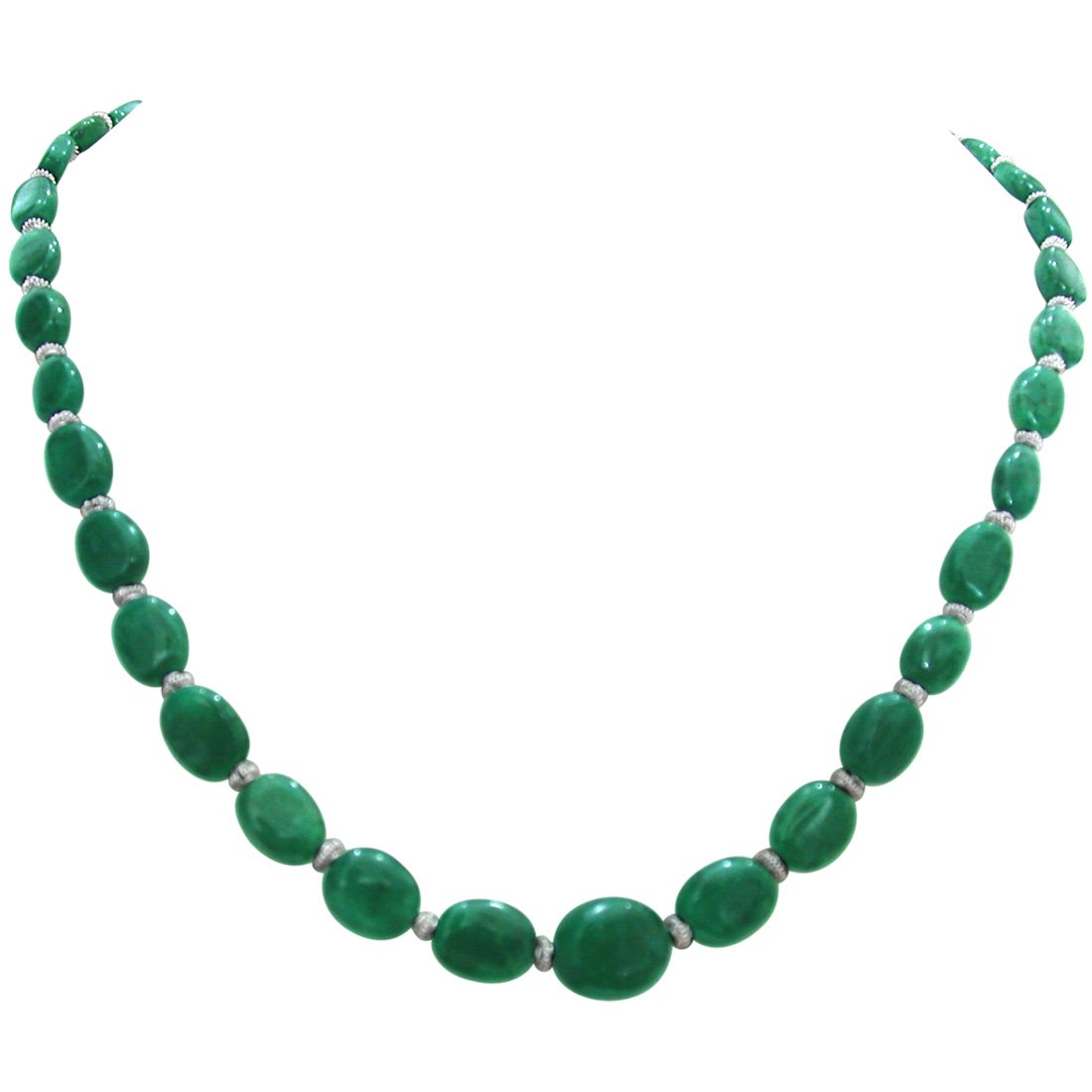 Single Line Real Green Oval Emerald & Silver Plated Beads Necklace (SN262)