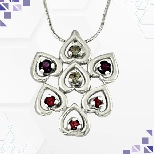 Sweet Hearts Blue Topaz, Purple Amethyst, Pink Rhodolite and 925 Sterling Silver Pendant with 18 IN Chain (SDP445)