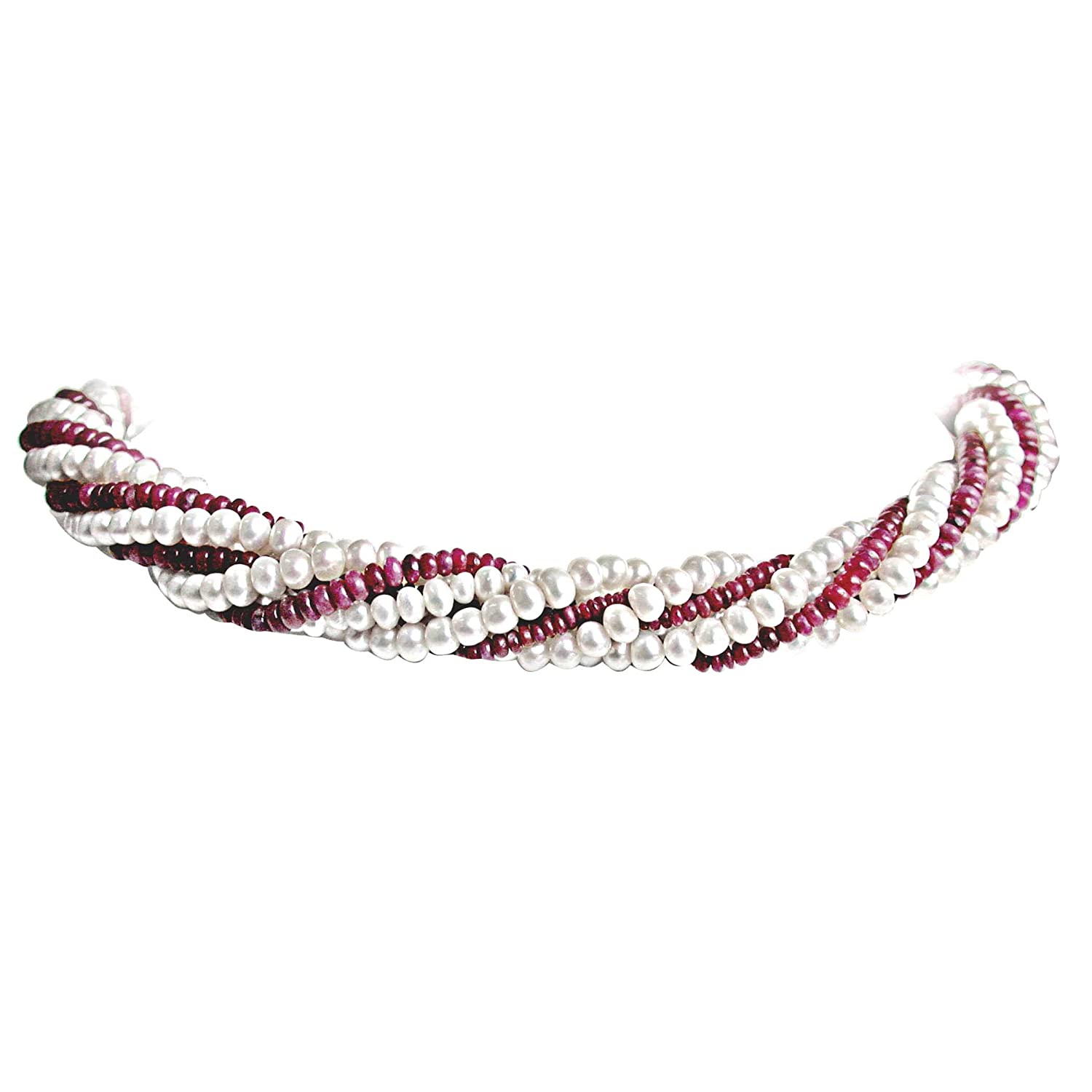 Ruby Choker Charm - Twisted Real Ruby & Freshwater Pearl Choker Necklace for Women (RBN2)