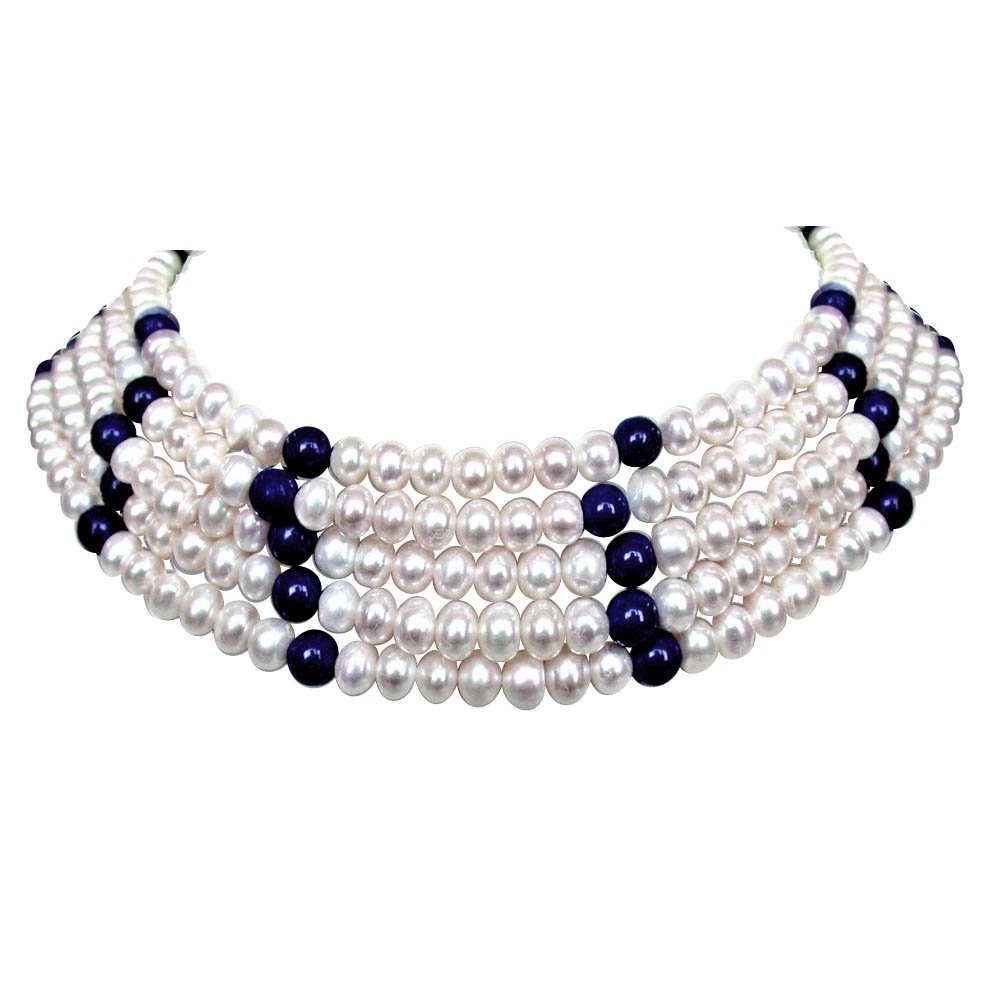 Glint - 5 Line Real Freshwater Pearl & Blue Lapiz Beads Choker Necklace for Women (SN68)