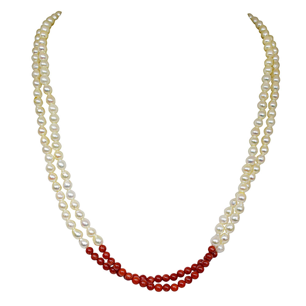 Fine 19/20 IN Long 2 Line Real Japanese Cultured Pearl & Red Coral Necklace for women, White Silky Smooth Pearls (SN773)