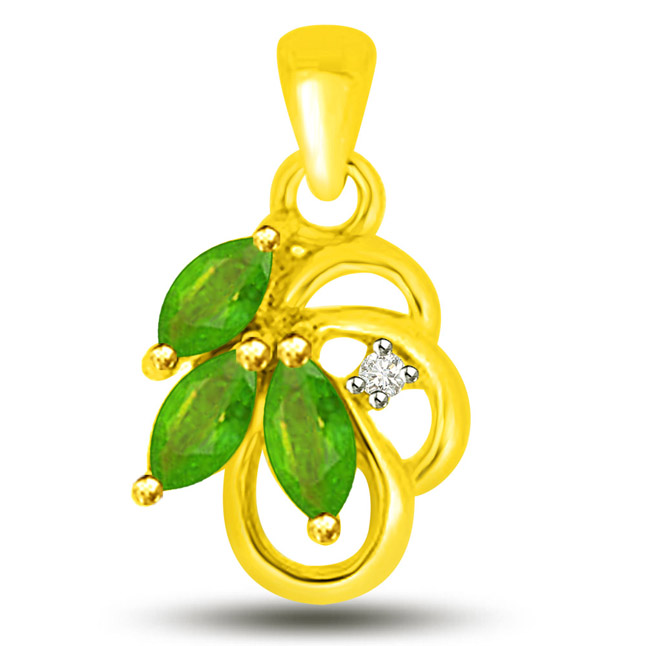 Stunning Green Drops Real Emerald And Diamond Pendant In Yellow Gold (P1162)