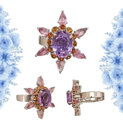3.96 ct Big Amethyst & Pink Tourmaline Star Type Silver Ring (GSR16)