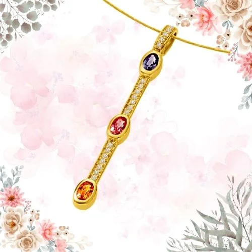 A Golden Stich Forever 0.55cts Tcw Real Diamond Ruby Emerald & Sapphire Stick Shaped Long 18kt Pendant (P1329)