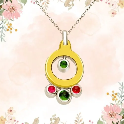 Shades of Stones Real Emerald & Ruby 18kt Yellow Gold Round Two Tone Diamond Pendant (P1332)