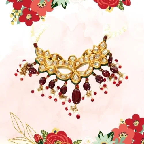 3 Line Real Pearl & Garnet Necklace with Diamond Pendant Jewellery Set (P82)