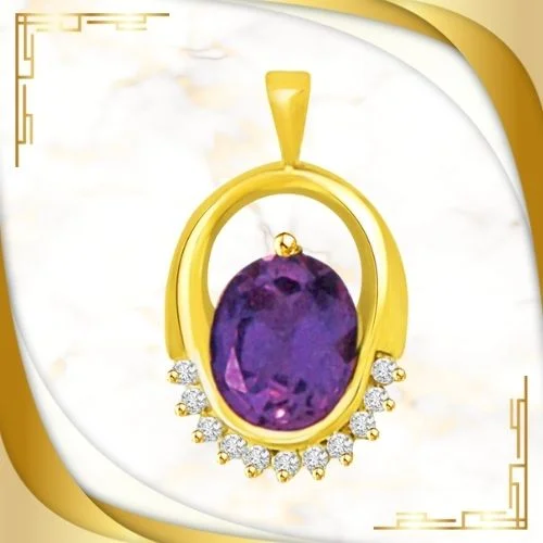 Real Oval Amethyst & Diamond Fire Gold Pendant for Her (P956)