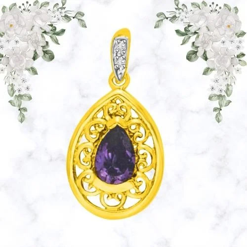 Real Pear Amethyst Filigree style Diamond Gold Pendant (P959)