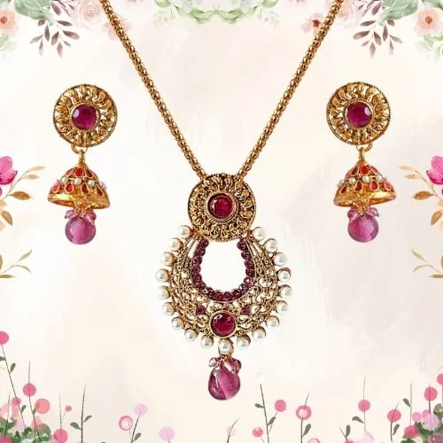 Fancy Drop Shaped Pink Stone & White Shell Pearl & Gold Plated Pendant Necklace & Earring Set (PS325)