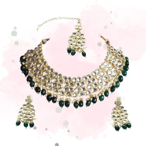 White aA Dazzling Blend of White & Green: Fashion Jewellery Set to Elevate Your Look& Green Stone Gold Plated Fashion Jewellery Set (PS599)