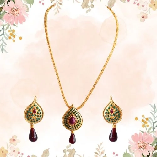 Traditional Drop Shaped Red & Green stone Gold Plated Pendant Necklace & Earring Set (PS614)