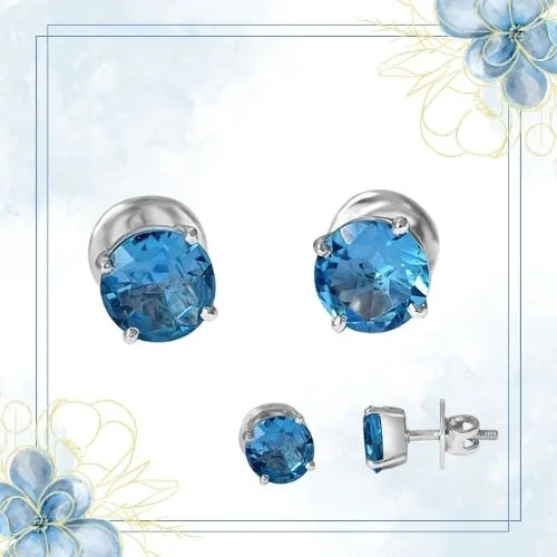 3.60 cts Round Shaped Swiss Blue Topaz Gemstone Solitaire Earrings in 925 Sterling Silver (SDE12)