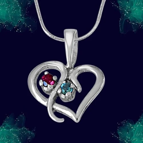 Delicate Heart Blue Topaz, Pink Rhodolite & 925 Sterling Silver Pendant with 18 IN Chain (SDP484)