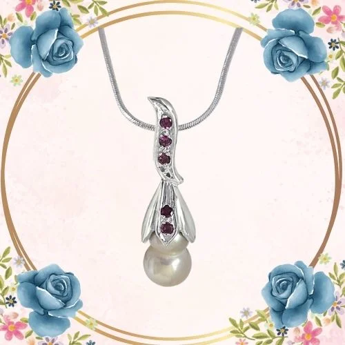 Rare Twin Pearl Silver Pendant with Pink Rhodolite Semi Precious Stone with 18 IN Chain (SDS235)