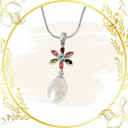 Flower Shaped Real Pearl & Gemstone Pendant with Silver Finished 18 IN Chain (SDS237)