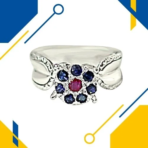 Red Ruby & Blue sapphire in Flower Shaped Silver Ring (GSR45)