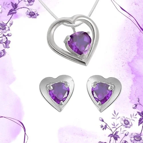 Heart Shape Purple Amethyst Pendant & Earring Set with Silver finished Chain for Women (SDS117)