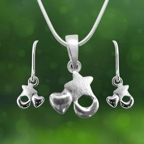 Star, Heart & Moon Shape Hanging Pendant & Earring Set with Silver Finished Chain for Girls (SDS29+SDS34)