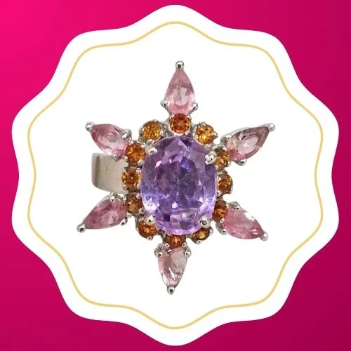 3.96 ct Big Amethyst & Pink Tourmaline Star Type Silver Ring (GSR16)