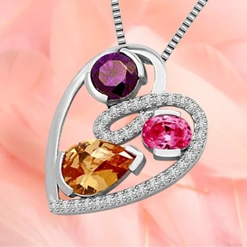 Love Triangle : Real Diamond, Amethyst, Tourmaline & Golden Topaz White Gold Pendant (P1343)