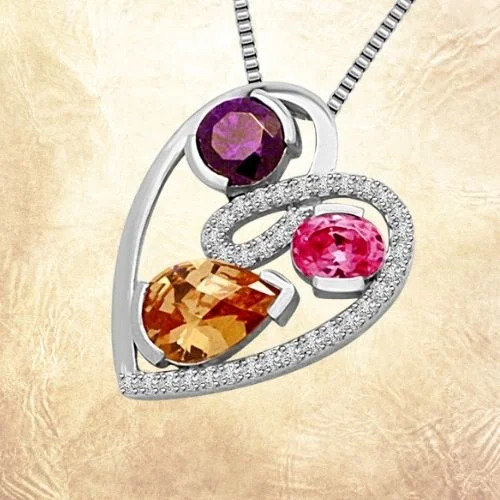 Love Triangle : Real Diamond, Amethyst, Tourmaline & Golden Topaz White Gold Pendant (P1343)