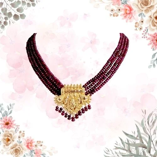 4 Line Real Red Ruby Beads & Gold Plated Pendant Necklace for Women (RBN4)