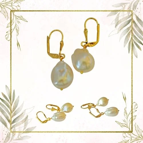 Unique Shaped Real Natural Peach Coloured Baroque Pearl & Gold Plated Hanging Earring (SE233-37)