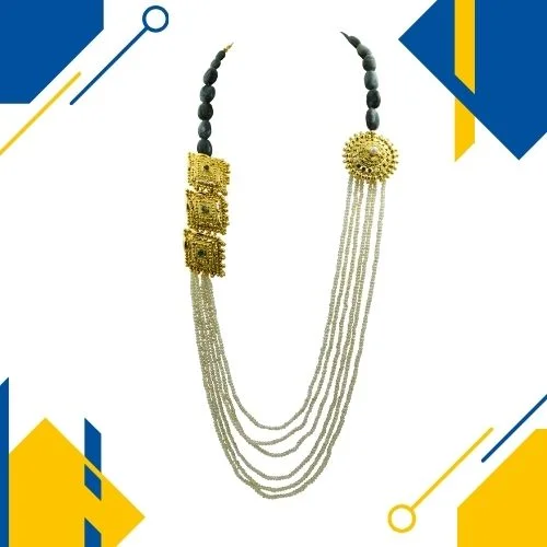 6 Line Real Freshwater Pearl & Green Oval Emerald Long Necklace with Gold Plated Motif for Women (SN1050)