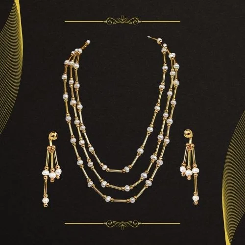 Real Freshwater Pearl & Gold Plated Pipe Necklace & Earrings Jewellery Set for Women (SN1065)