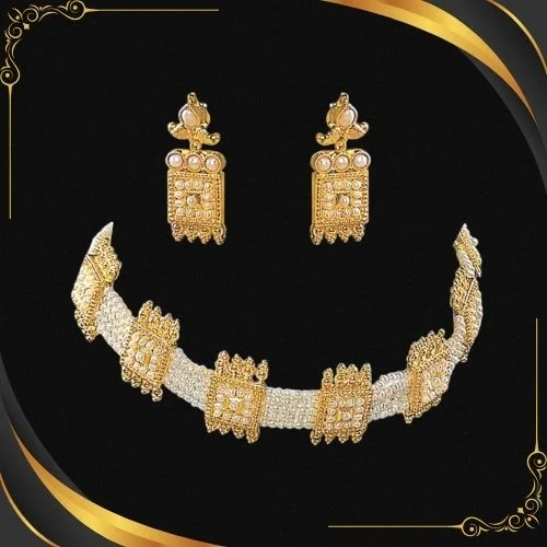 Choker Magic Rectangle Shaped Gold Plated Pendant & Freshwater Pearl Choker Necklace & Earring Set for Women (SP123)