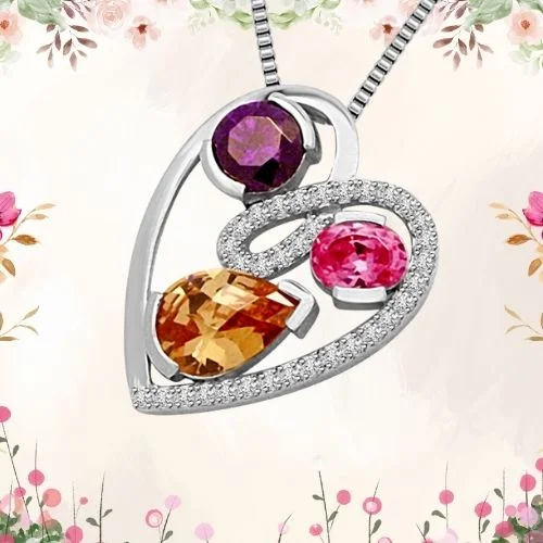 Love Triangle : Real Diamond, Amethyst, Tourmaline & Golden Topaz White Gold Pendant (P1343)
