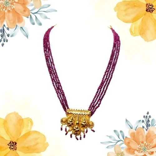 4 Line Real Red Ruby Beads & Gold Plated Pendant Necklace for Women (RBN21)