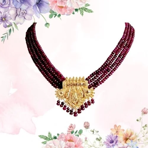 4 Line Real Red Ruby Beads & Gold Plated Pendant Necklace for Women (RBN4)