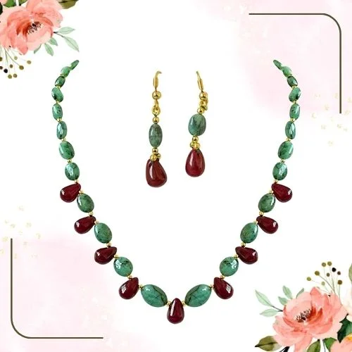 Real Oval Green Emerald & Drop Red Ruby & Gold Plated Beads Necklace with Dangling Earrings (SN675)