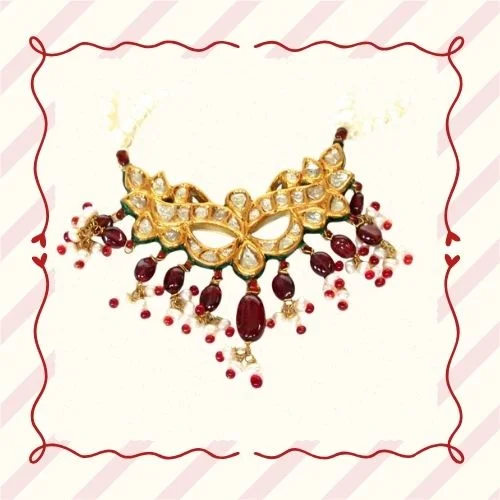3 Line Real Pearl & Garnet Necklace with Diamond Pendant Jewellery Set (P82)